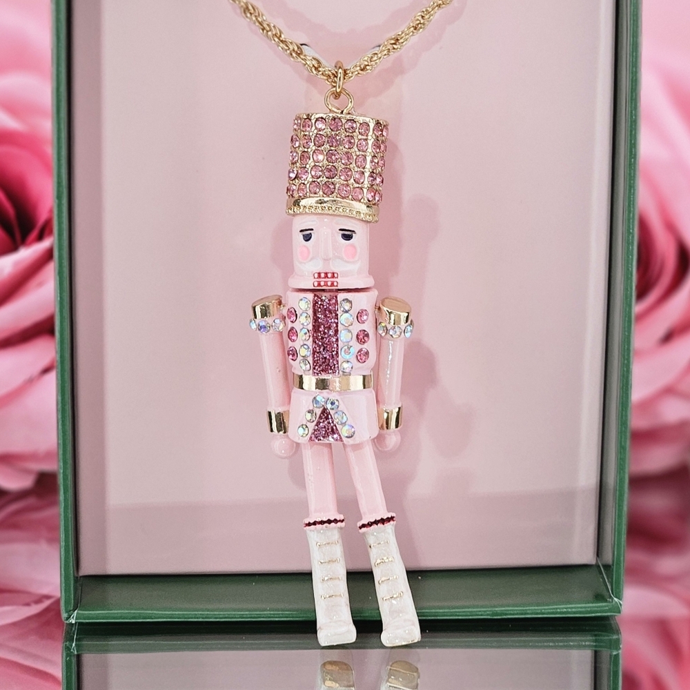 Betsey Johnson Pink Gold Tone Nutcracker Necklace Christmas Holiday Party Gift